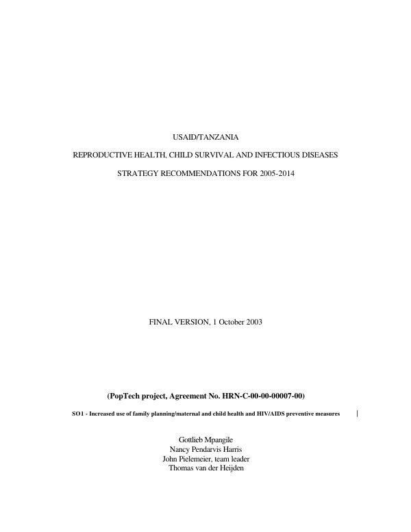 Reproductive health, child survival and infectious diseases : strategy recommendations for 2005-2014 -- final version