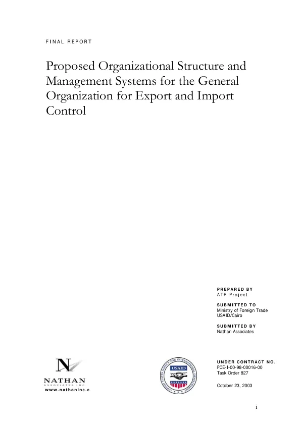 Proposed organizational structure and management systems for the General Organization for Export and Import Control [GOEIC] : final report