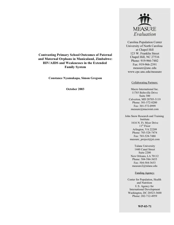 Contrasting primary school outcomes of paternal and maternal orphans in Manicaland, Zimbabwe : HIV/AIDS and weaknesses in the extended family system