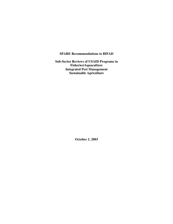 SPARE recommendations to BIFAD : sub-sector reviews of USAID programs in fisheries/aquaculture, integrated pest management, sustainable agriculture