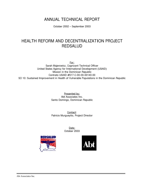 Annual technical report, October 2002-September 2003 : health reform and decentralization project, REDSALUD
