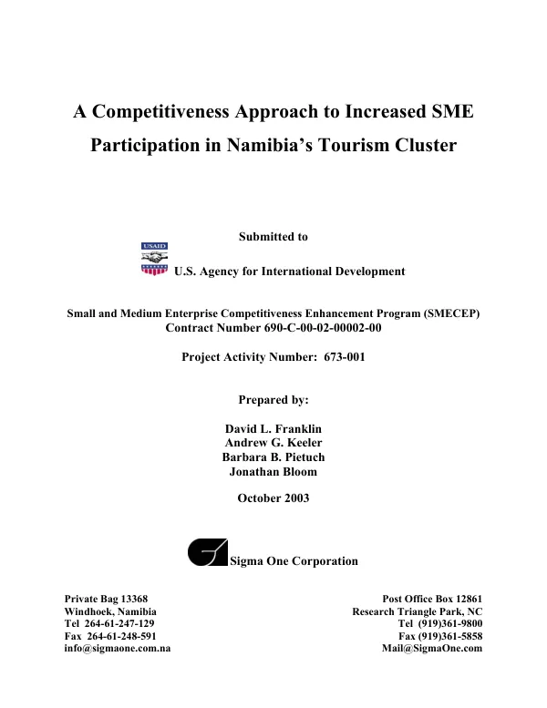 Competitiveness approach to increased SME [small and medium enterprise] participation in Namibia"s tourism cluster