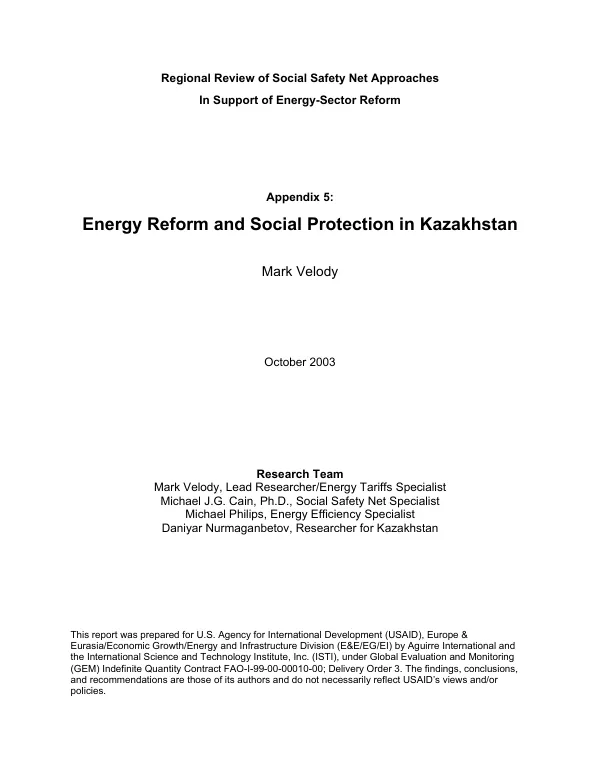 Regional review of social safety net approaches in support of energy sector reform : appendix 5 -- energy reform and social protection in Kazakhstan