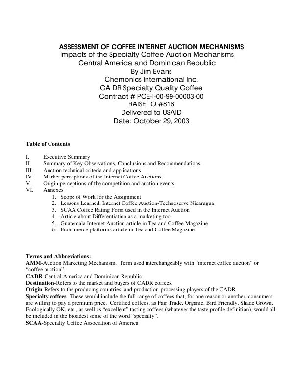Assessment of coffee Internet auction mechanisms : impacts of the specialty coffee auction mechanisms -- Central America and Dominican Republic