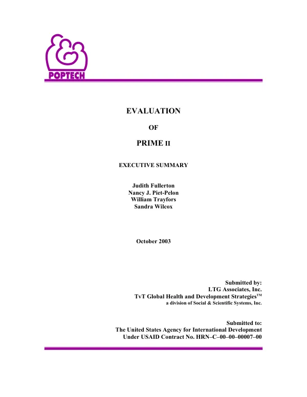 Evaluation of PRIME [improving the performance of primary providers in reproductive health] II : executive summary