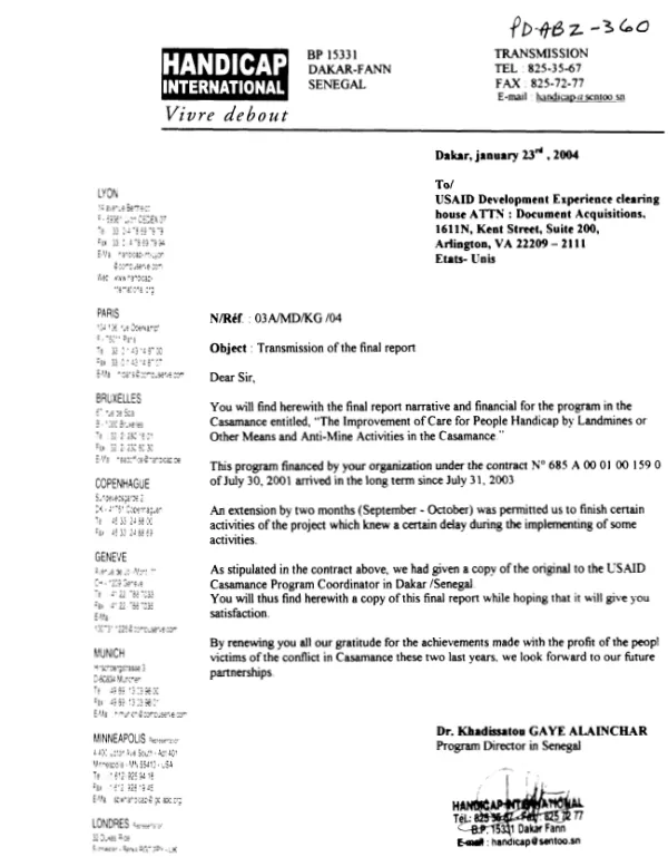 Handicap International : activities final report of the program entitled -- on improving the takeover of the persons disabled by mines or other causes and implementing anti-mines activities in Casamance[, Senegal]