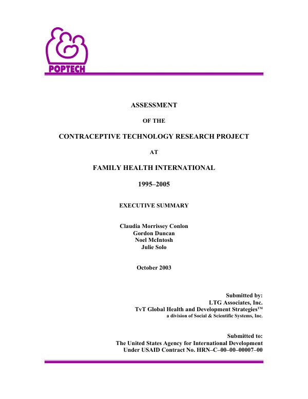 Assessment of the contraceptive technology research project at Family Health International, 1995-2005 : executive summary