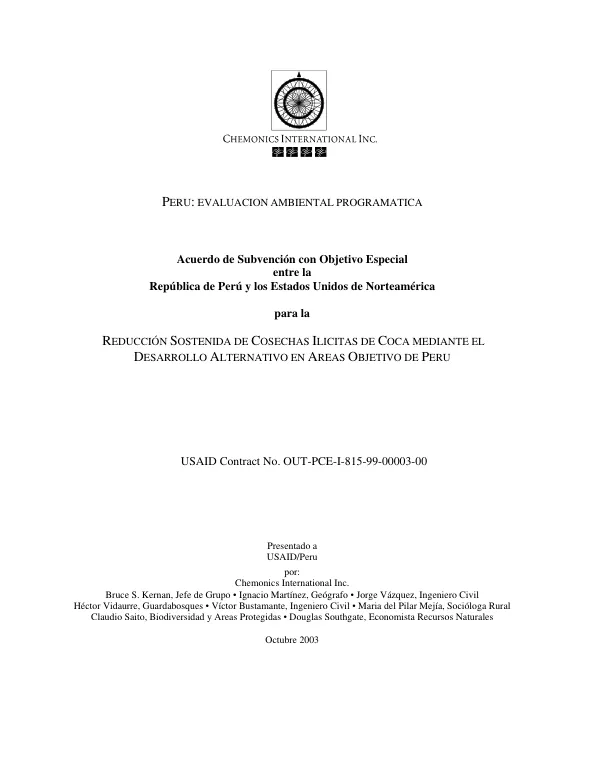 Peru : evaluacion ambiental programatica para la reduccion sostenida de cosechas ilicitas de coca mediante el desarrollo alternativo en areas objetivo de Peru