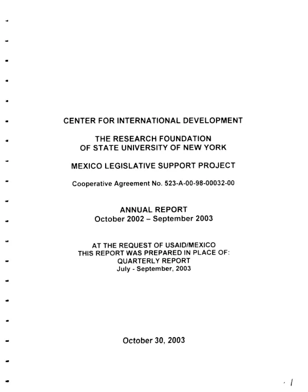Center for International Development, The Research Foundation of State University of New York : Mexico legislative support project -- cooperative agreement no. 523-A-00-98-00032-00 : annual report October 2002-September 2003