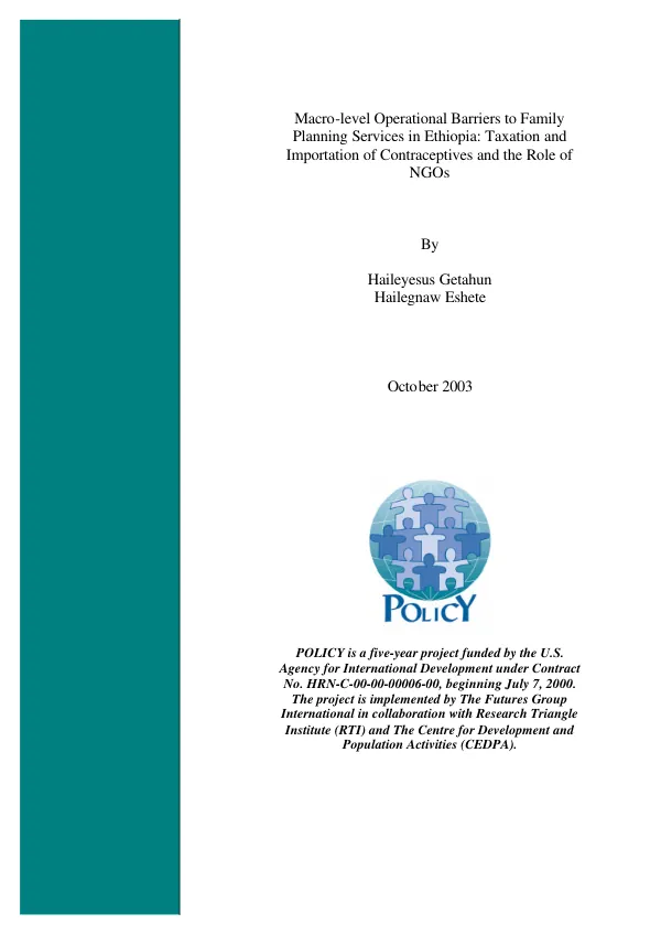 Macro-level operational barriers to family planning services in Ethiopia : taxation and importation of contraceptives and the role of NGOs