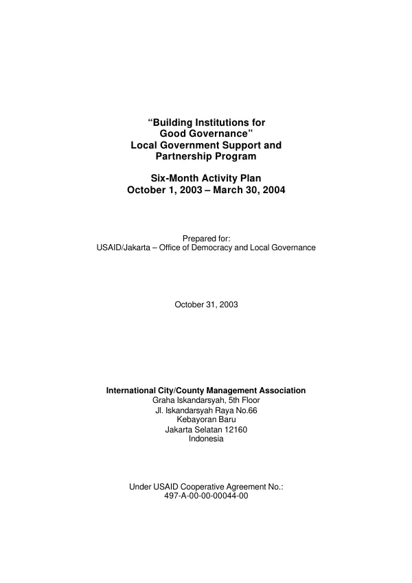 "Building institutions for good governance" [BIGG] : local government support and partnership program [LGSPP] -- six-month activity plan, October 1, 2003-March 30, 2004
