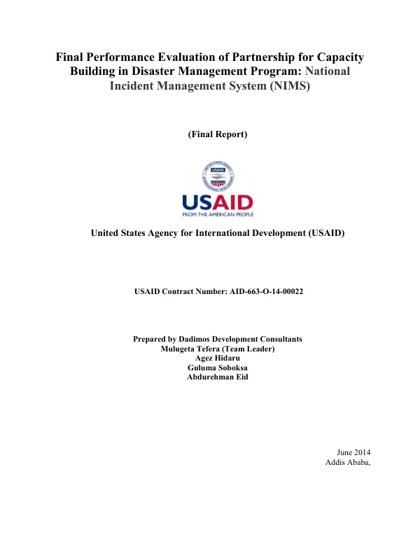 Final performance evaluation of partnership for capacity building in disaster management program : National Incident Management System (NIMS)