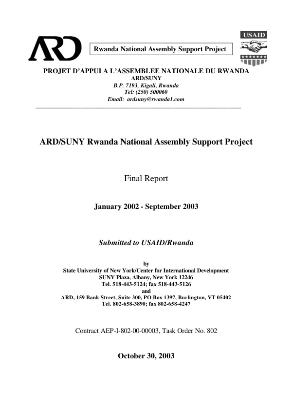 ARD/SUNY [Associates in Rural Development/State University of New York] Rwanda national assembly support project : final report