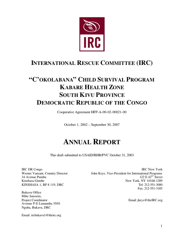 International Rescue Committee (IRC) : "C"okolabana" child survival program, Kabare health zone, South Kivu Province, Democratic Republic of the Congo -- cooperative agreement HFP-A-00-02-00021-00 : annual report