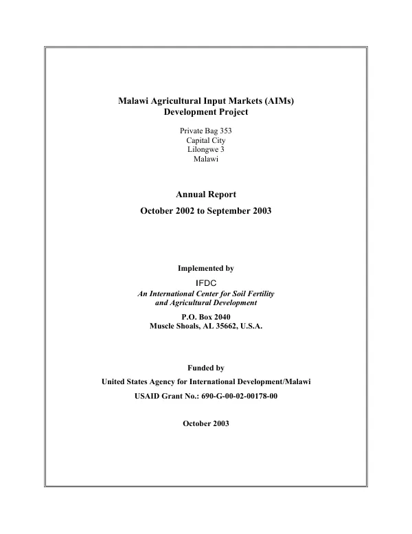 Malawi agricultural input markets (AIMs) development project : annual report, October 2002 to September 2003