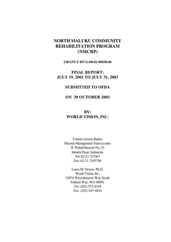 North Maluku community rehabilitation program (NMCRP) : grant # 497-G-00-01-00038-00 -- final report