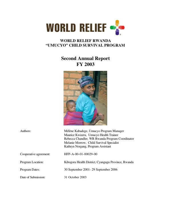 World Relief Rwanda : "Umucyo" child survival program -- second annual report, FY 2003