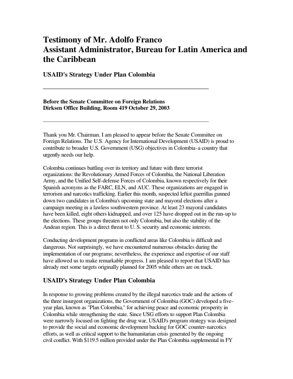 USAID"s strategy under Plan Colombia