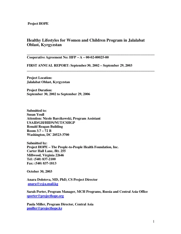 Healthy lifestyles for women and children program in Jalalabat Oblast, Kyrgyzstan : first annual report, September 30, 2002-September 29, 2003