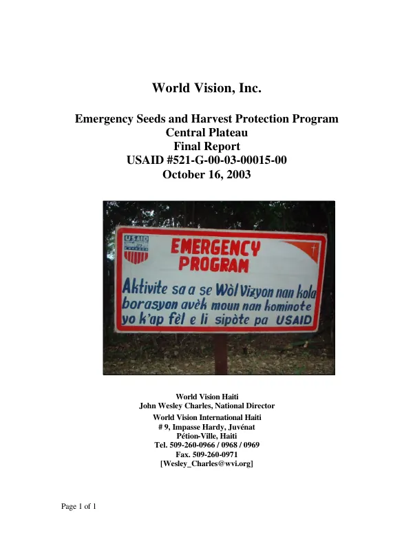 World Vision, Inc. : emergency seeds and harvest protection program, Central Plateau[, Haiti] -- final report : USAID #521-G-00-03-00015-00