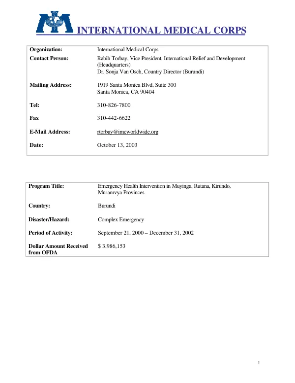 International Medical Corps : [final report] -- emergency health intervention in Muyinga, Rutana, Kirundo, Muramvya Provinces, Burundi : September 21, 2000-December 31, 2002