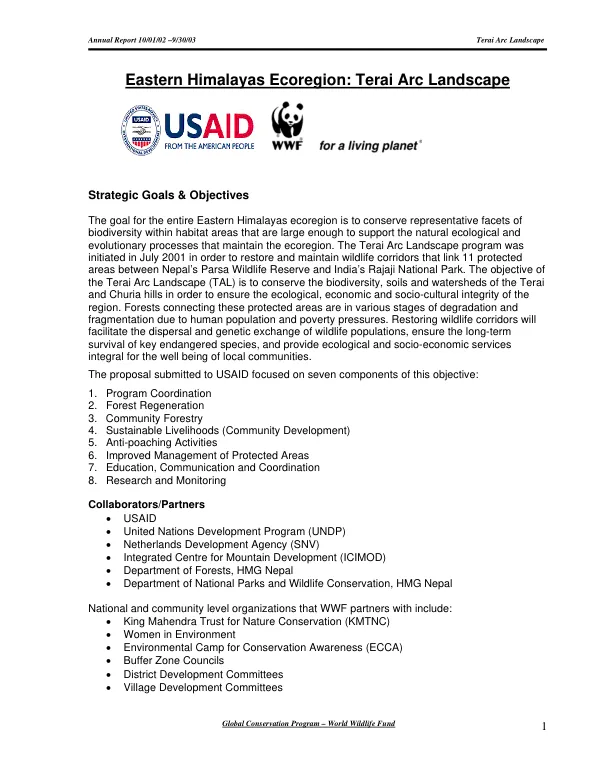 [Annual report 10/01/01-9/3-/03] : Eastern Himalayas Ecoregion -- Terai Arc landscape