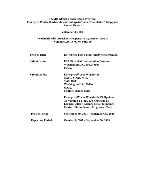 USAID global conservation program : EnterpriseWorks Worldwide and EnterpriseWorks Worldwide/Philippines -- annual report, [October 1, 2002-September 30,2003]