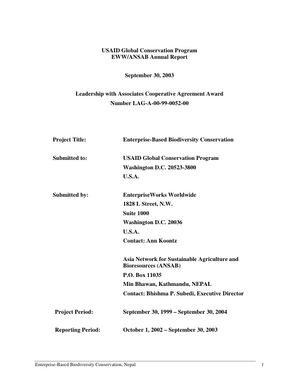 USAID global conservation program : EWW/ANSAB annual report