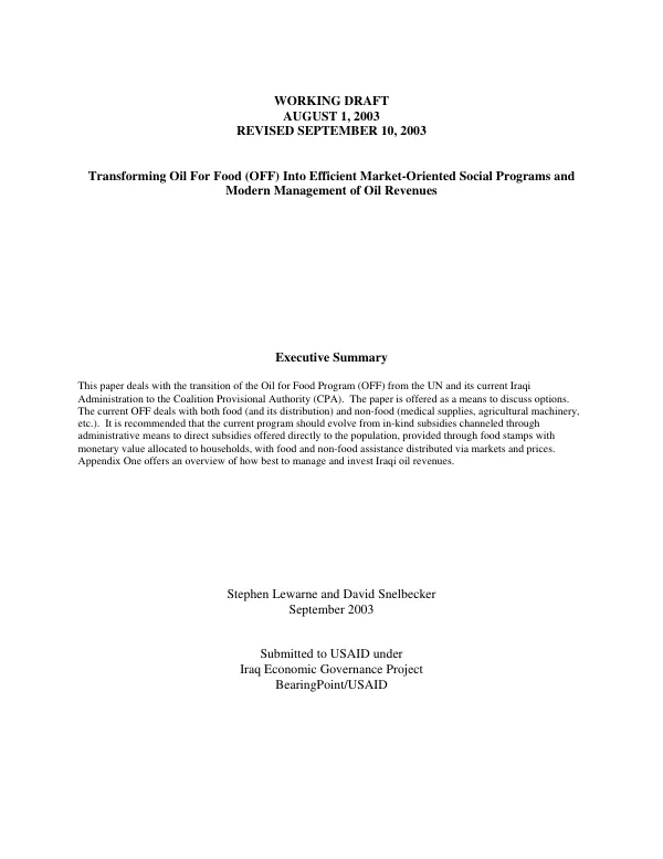Transforming oil for food (OFF) into efficient market-oriented social programs and modern management of oil revenues