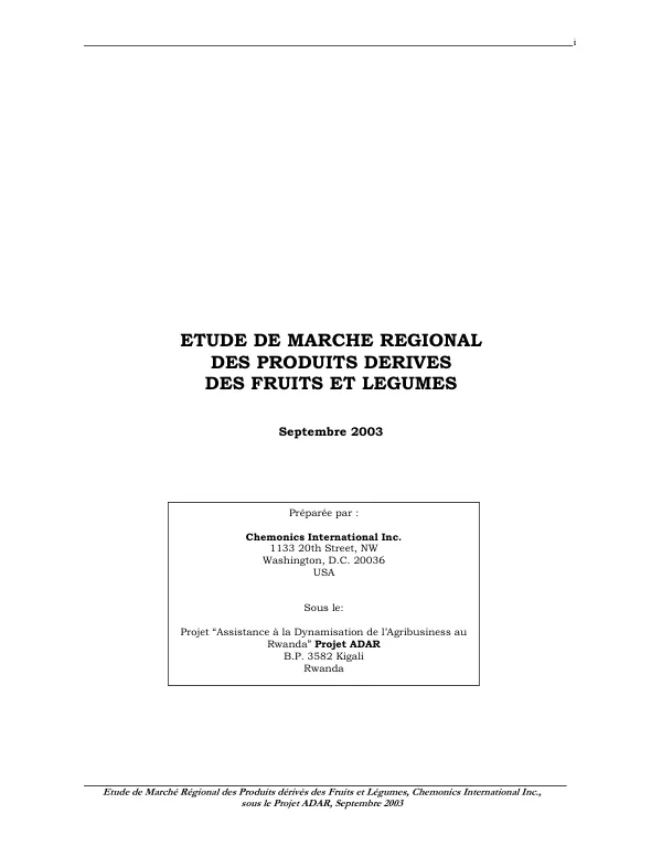Etude de marche regional des produits derives des fruits et legumes