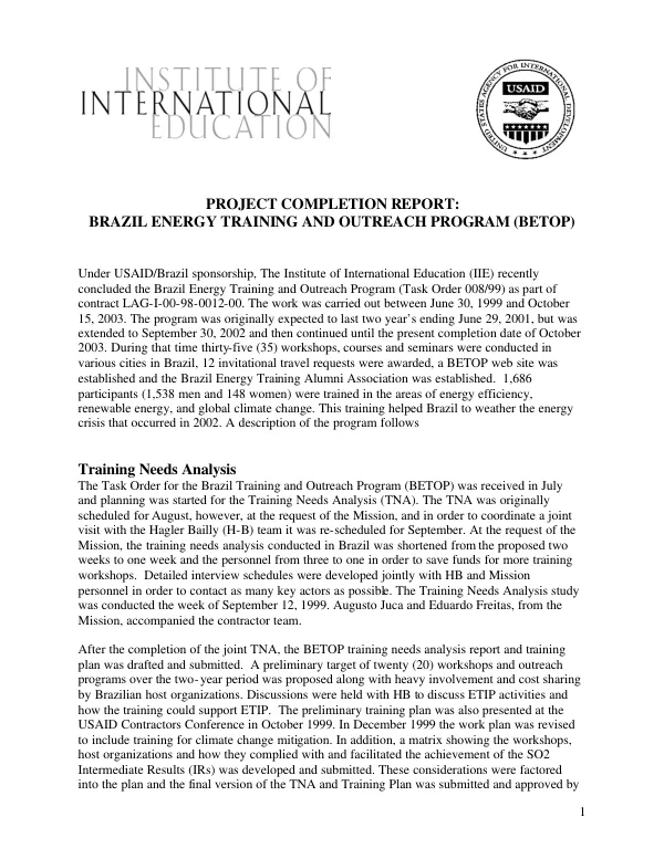 Project completion report : Brazil energy training and outreach program (BETOP)