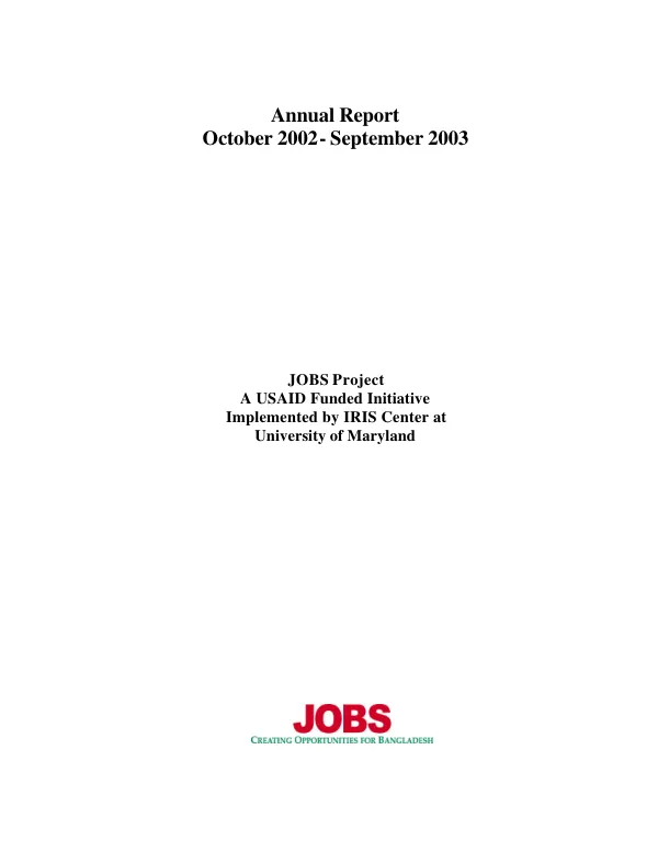 Jobs opportunities and business support program (JOBS) : cooperative agreement number 388-A-00-97-00013-00 -- annual report (October 2002-September 2003)