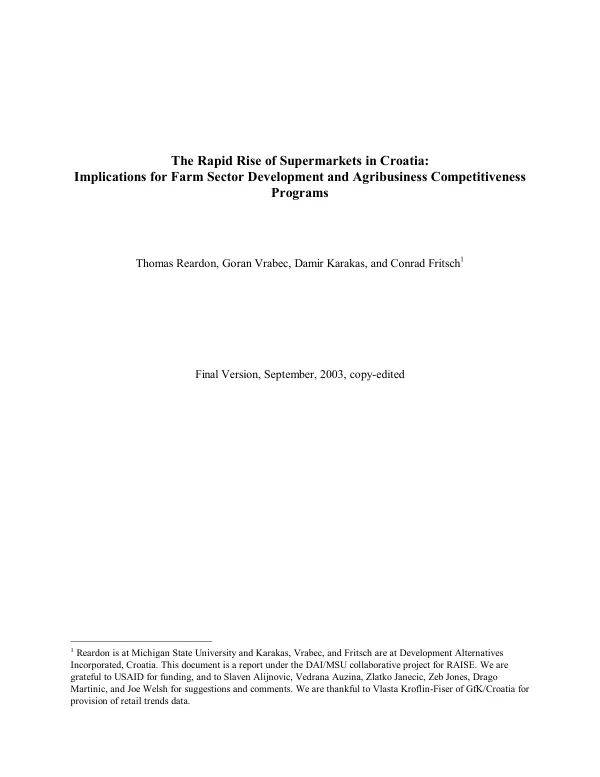 Rapid rise of supermarkets in Croatia : implications for farm sector development and agribusiness competitiveness programs