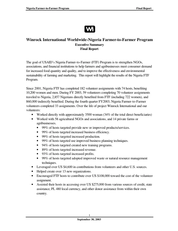 Winrock International worldwide-Nigeria farmer-to-farmer program : executive summary -- final report