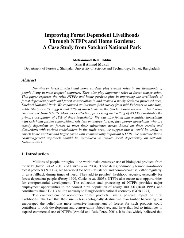 Improving forest dependent livelihoods through NTFPs and home gardens : a case study from Satchari National Park