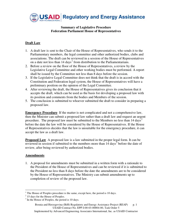 BiH REAP: Summary of Legislative Procedure - Federation Parliament House of Representatives