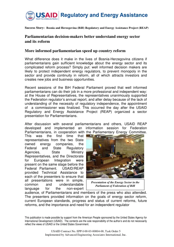 BiH REAP Success Story: Parliamentarian decision-makers better understand energy sector and its reform