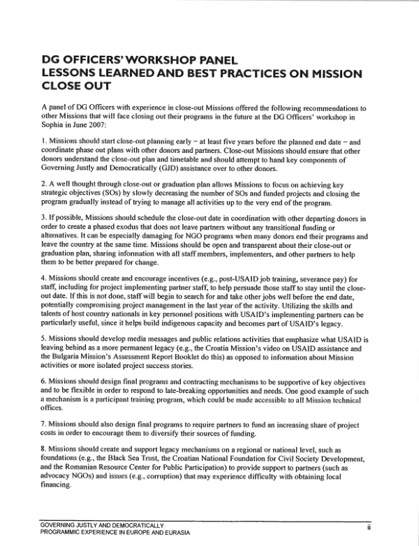 DG officer"s workshop : lessons learned and best practices on mission close out