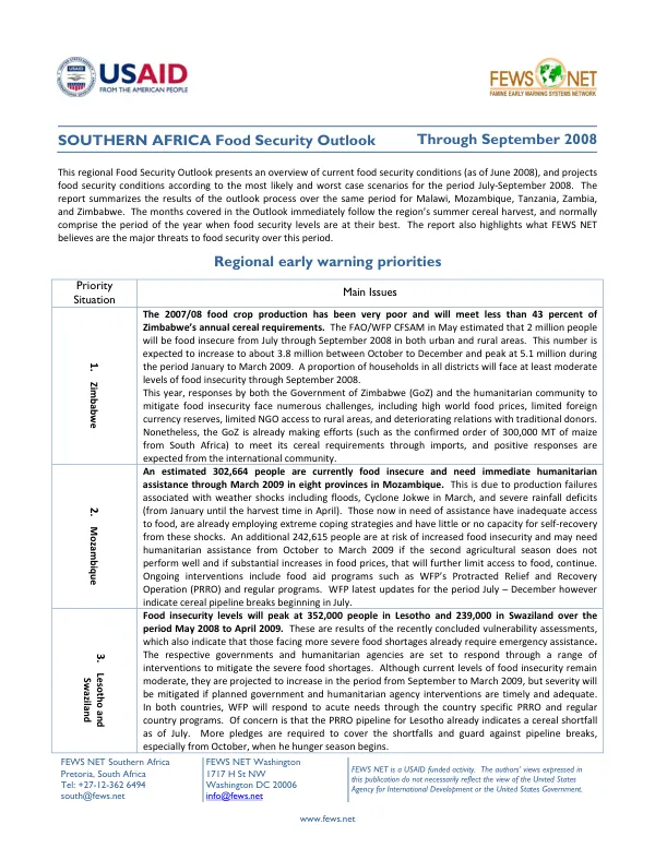 Southern Africa food security outlook, through September 2008