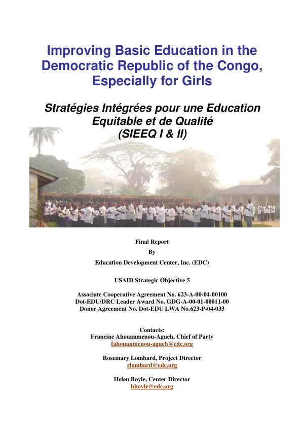 Improving basic education in the Democratic Republic of the Congo, especially for girls : final report [2004-2007]
