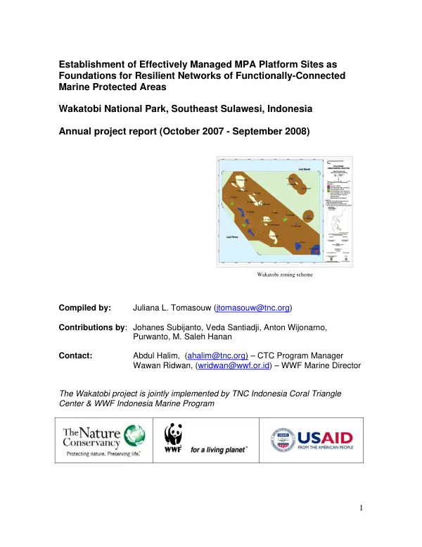 Established of effectively managed MPA platform sites as foundations for resilient networks of functionally-connected marine protected areas : Wakatobi Marine National Park, Southeast Sulawesi, Indonesia -- annual project report (October 2007-September 2008)