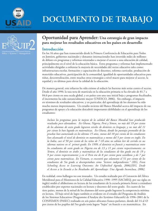 Oportunidad para aprender : una estrategia de gran impacto para mejorar los resultados educativos en los paises en desarrollo