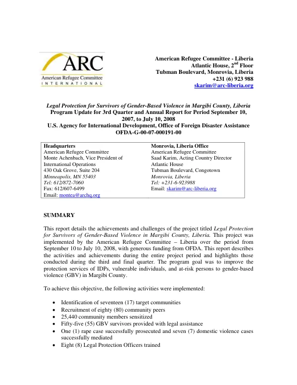 Legal protection for survivors of gender-based violence in Margibi County, Liberia -- program update for 3rd quarter and annual report for period September 10, 2007, to July 10, 2008
