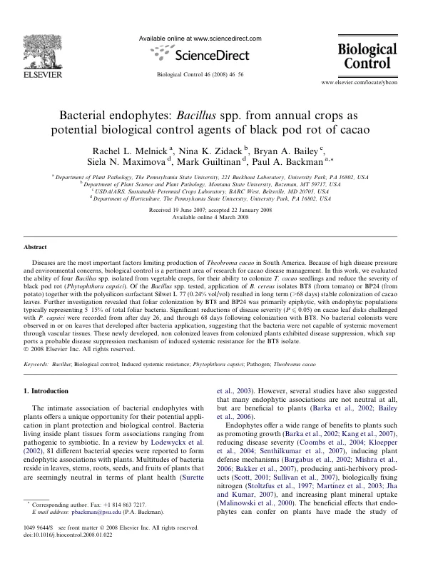 Bacterial endophytes : Bacillus spp. from annual crops as potential biological control agents of black pod rot of cacao