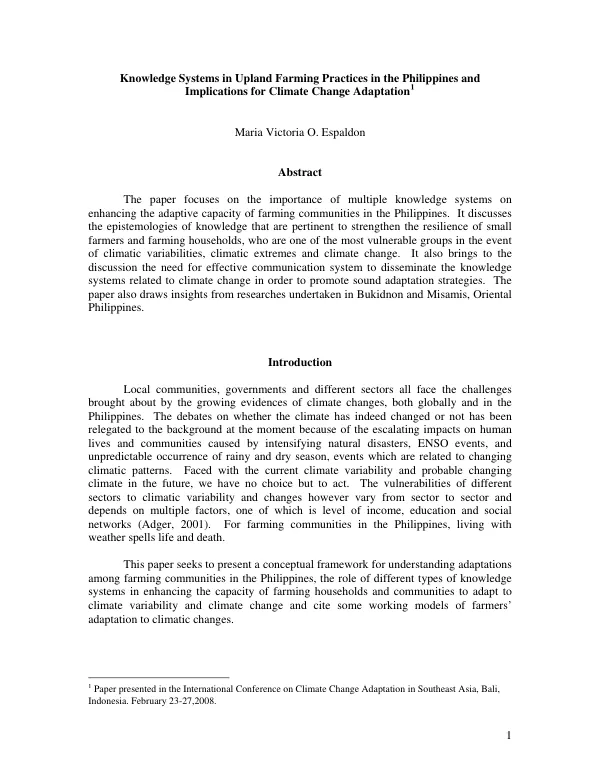 Knowledge systems in upland farming practices in the Philippines and implications for climate change adaptation