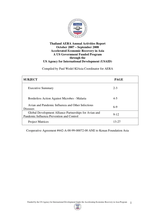 Thailand AERA annual activities report : October 2007 - September 2008 -- accelerated economic recovery in Asia