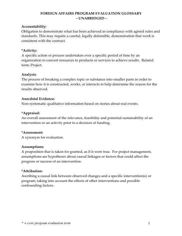 Foreign affairs program evaluation glossary -- unabridged
