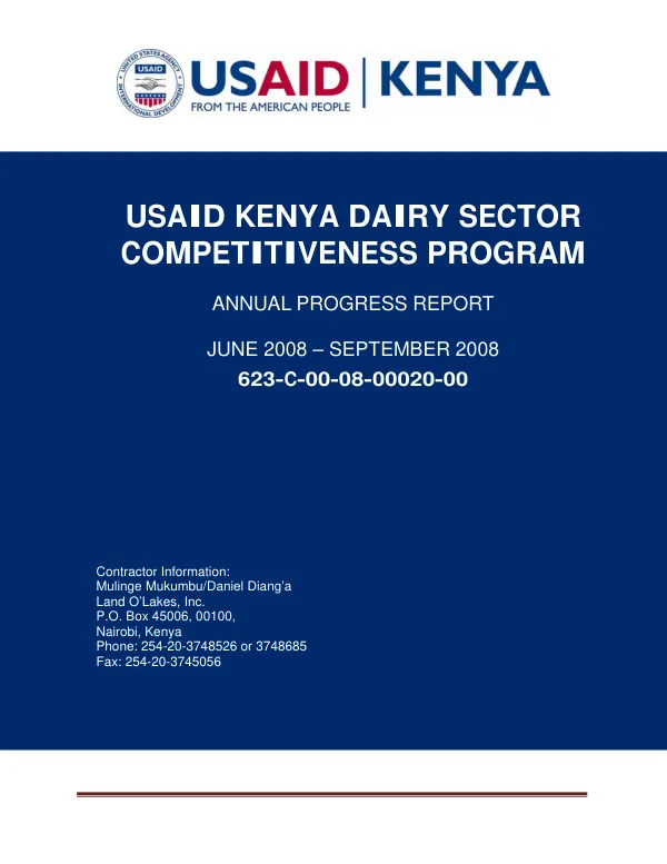 USAID Kenya dairy sector competitiveness program : annual progress report -- June 2008-September 2008, 623-C-00-08-00020-00