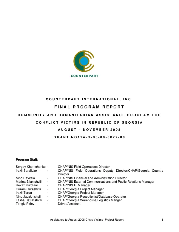 Final program report : community and humanitarian assistance program for conflict victims in Republic of Georgia, August-November 2008