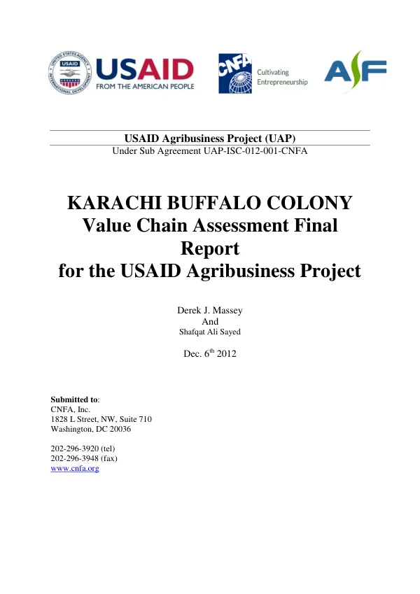 KARACHI BUFFALO COLONY Value Chain Assessment Final Report for the USAID Agribusiness Project